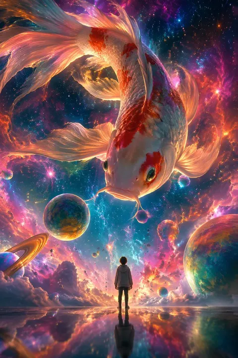Cosmic koi fantasy encounter — example composition
