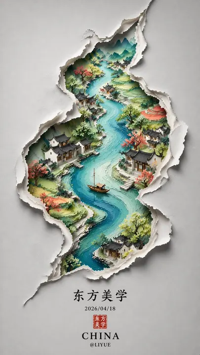 Cracked-paper ink landscape scroll — example composition