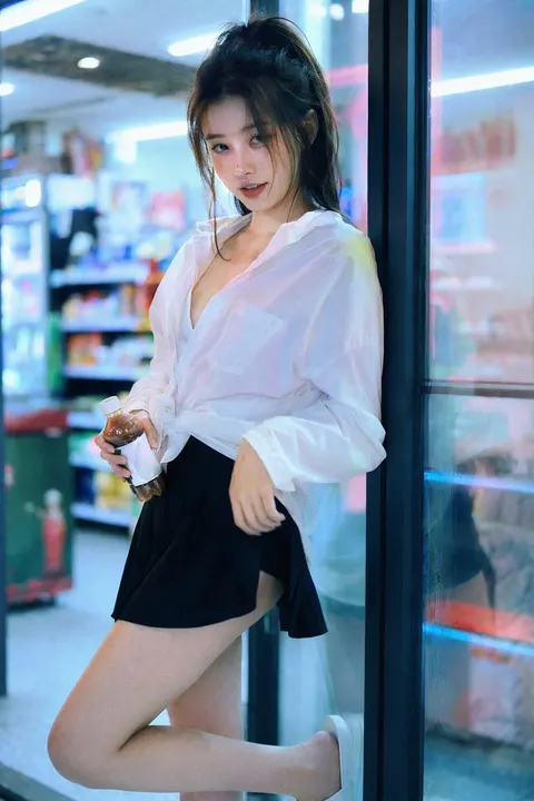 Neon convenience store film portrait — example composition