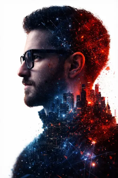 Futuristic red-and-blue double exposure — example composition