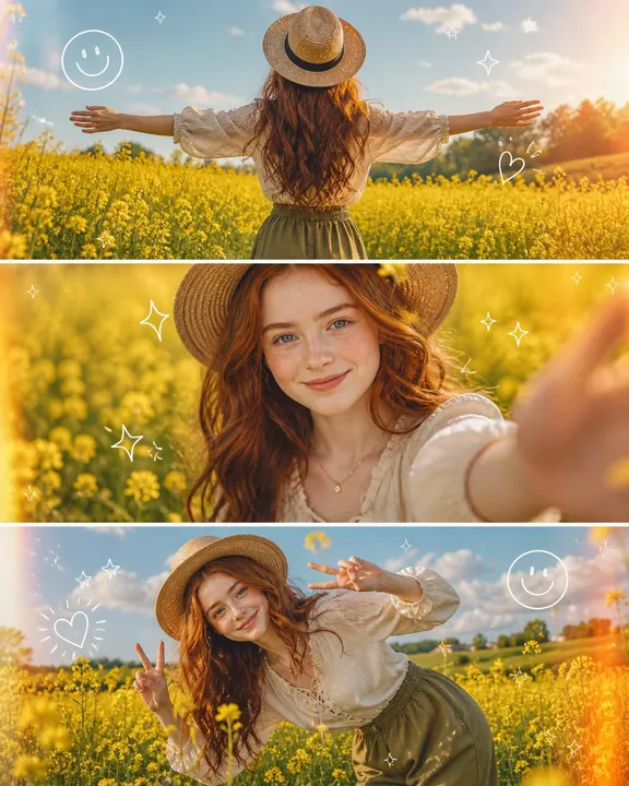 Spring flower-field portrait triptych — example composition