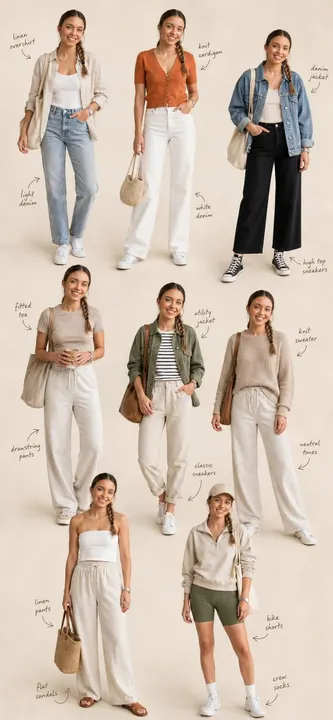 Eight-outfit editorial collage — example composition