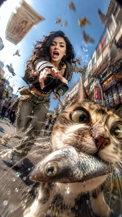 Fish market cat-chasing snapshot — example composition