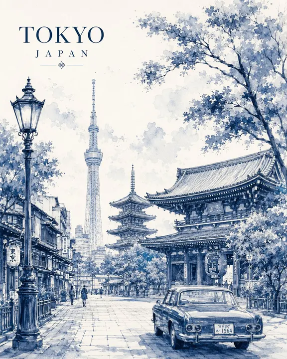 Monochrome watercolor travel poster template example