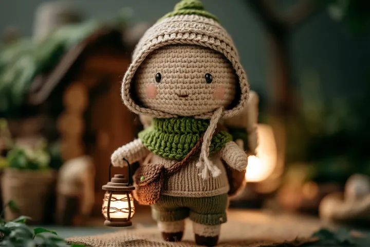 Warm crochet character doll — example composition