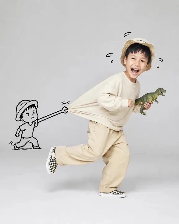 Running studio portrait with doodles — example composition