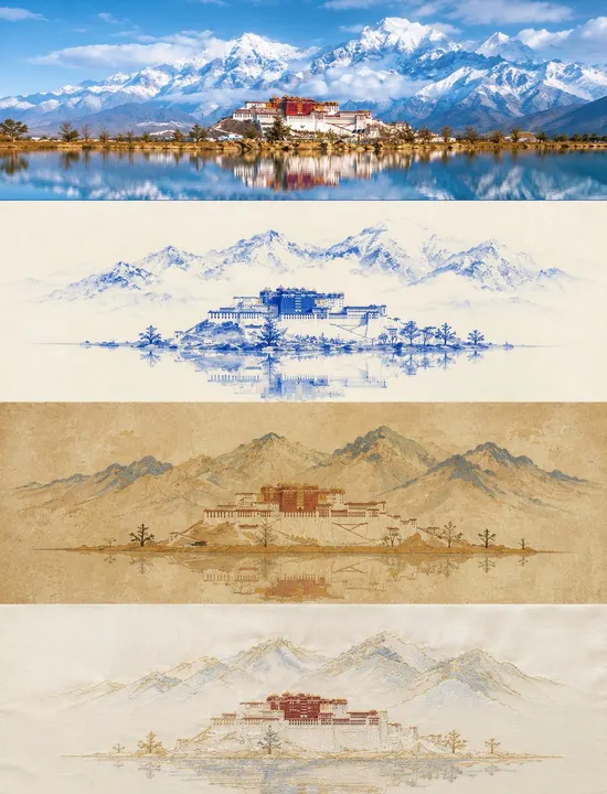 Porcelain, mural, and embroidery collage template example