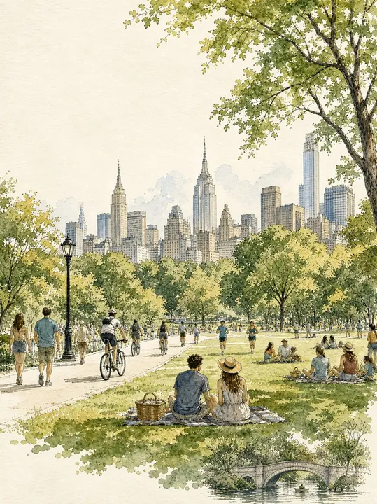 Manhattan park watercolor illustration template example
