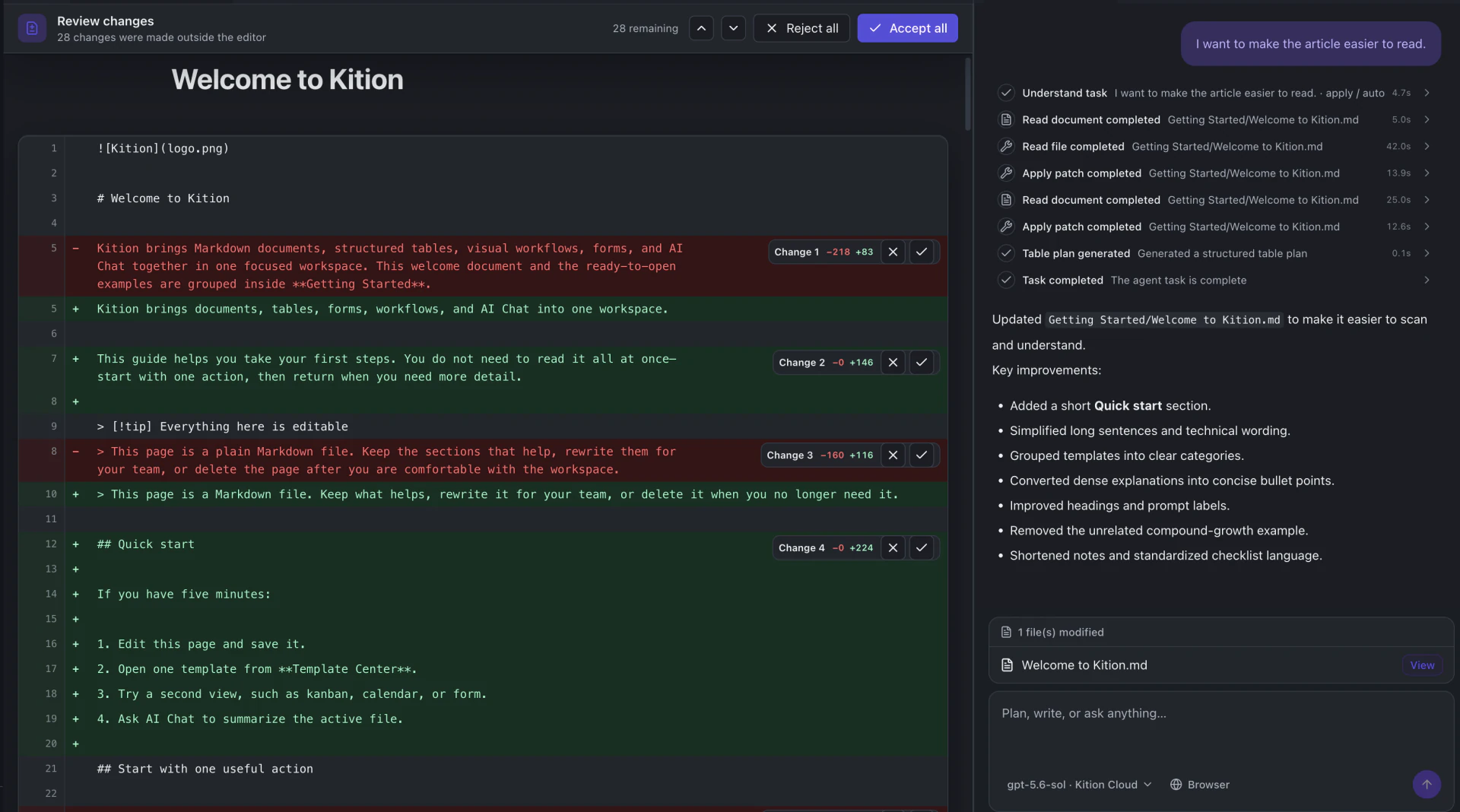 Kition Agent document diff review with additions, deletions, and accept or reject controls