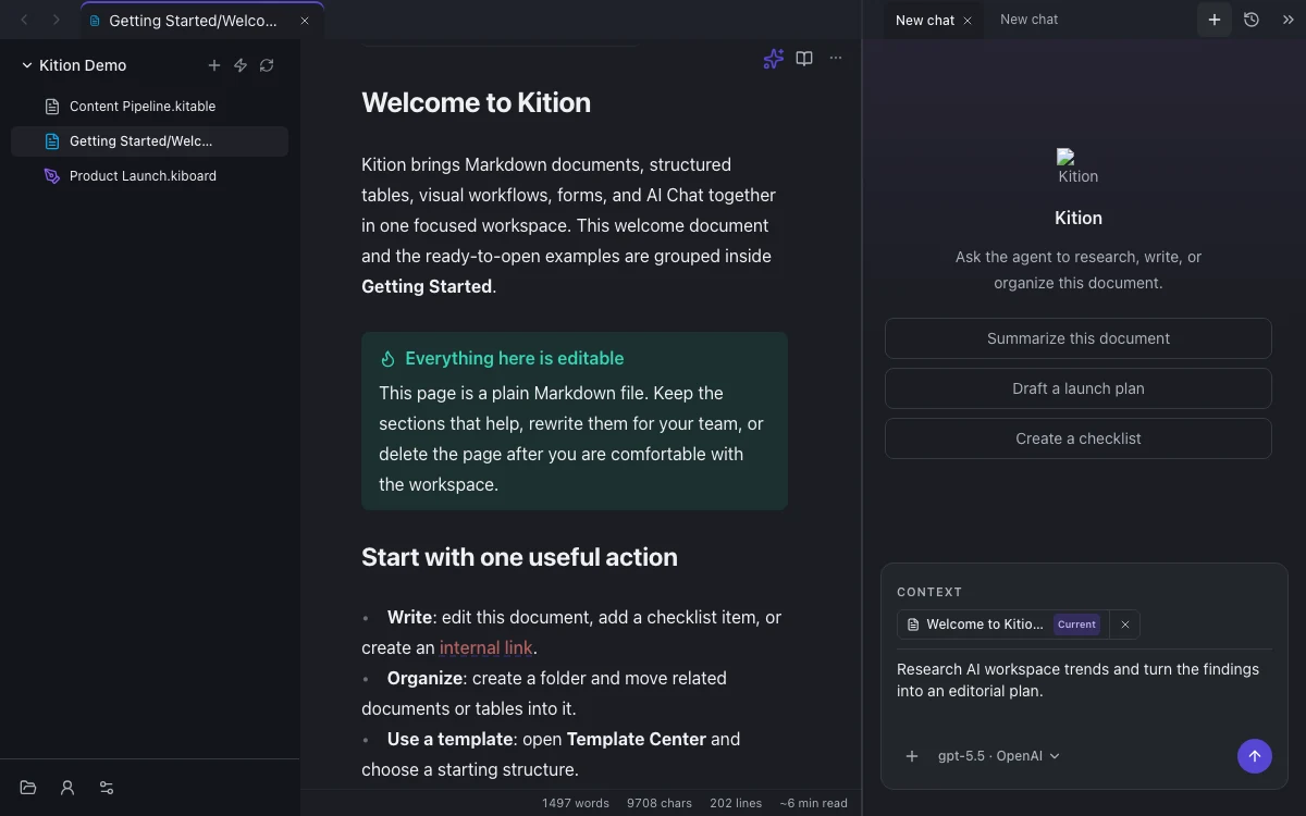 Kition Agent working beside an editable project document