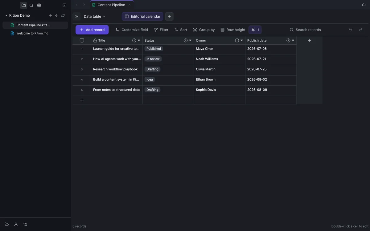 Kition structured tables product interface